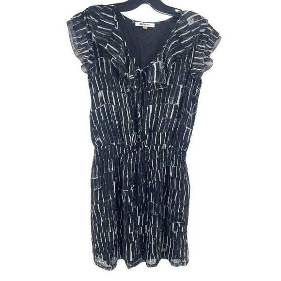 DKNY DKNYC A Line Dress Silk Printed Short Sleeve Key Hole Neck Black Small - Picture 1 of 15